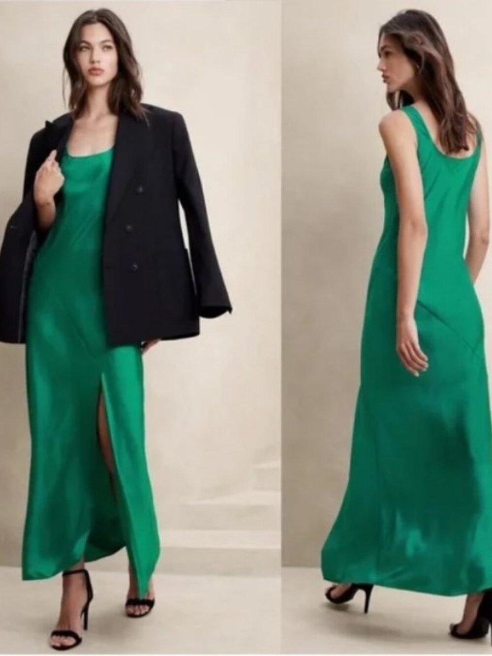 BANANA REPUBLIC Emerald Sleeveless Maxi Dress Front Slit Silky Satin Size S